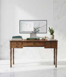 Reclaimed Teak Executive Desk With 5 Drawers Vintage Turned Legs, Solid Wood Office Furniture