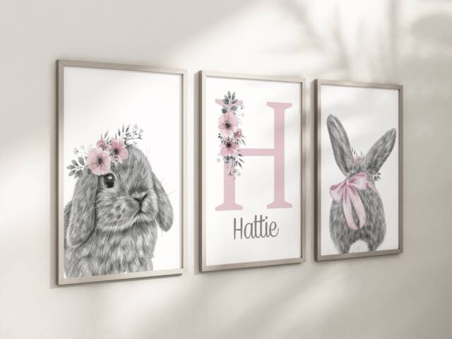 Bunny Rabbit Baby Girls A4 Or A3 Nursery Set Of Unframed Prints Pink Grey Flowers Bow - image 1
