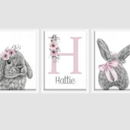 Bunny Rabbit Baby Girls A4 Or A3 Nursery Set Of Unframed Prints Pink Grey Flowers Bow - thumbnail 3