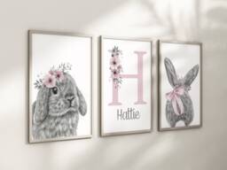 Bunny Rabbit Baby Girls A4 Or A3 Nursery Set Of Unframed Prints Pink Grey Flowers Bow - thumbnail 1