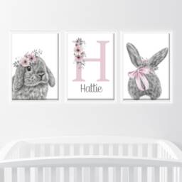 Bunny Rabbit Baby Girls A4 Or A3 Nursery Set Of Unframed Prints Pink Grey Flowers Bow - thumbnail 2