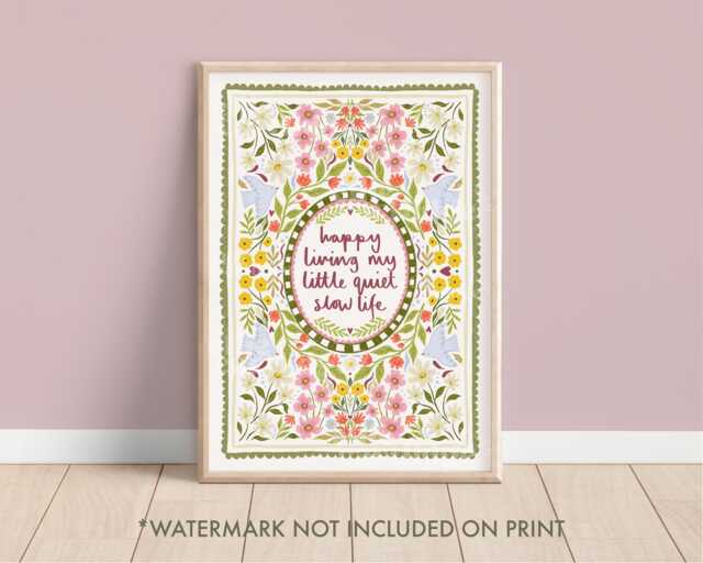 Scallop Edge Little Quiet Life Floral Quote Print, Live Slow Boho Wall Art, Mental Health Prints, Happy A5, A4, A3 - image 1