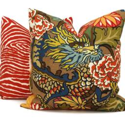 Mocha Schumacher Chiang Mai Dragon Pillow Cover Art Deco Linen Throw - thumbnail 2