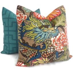 Mocha Schumacher Chiang Mai Dragon Pillow Cover Art Deco Linen Throw - thumbnail 3