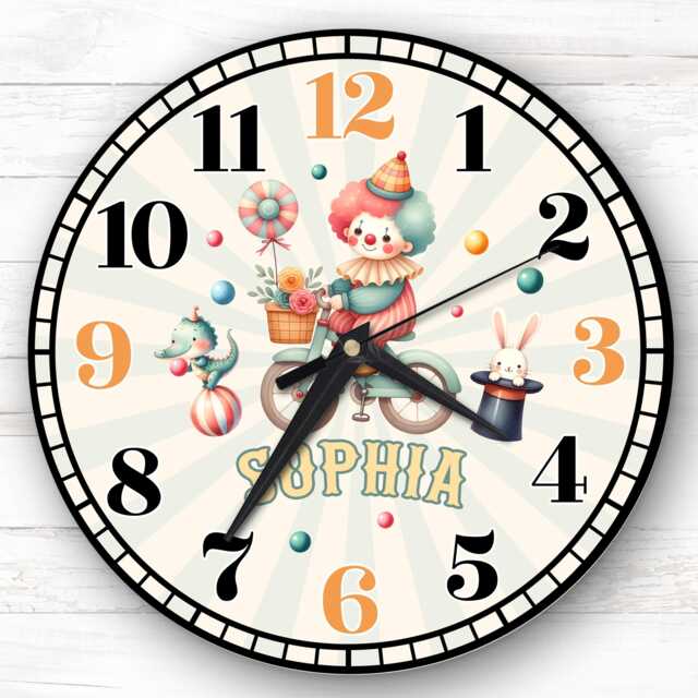 Circus Clown Bike Personalised Gift For Kid's Bedroom Clock - Kids Clock, Children's Decor, Custom Wall - image 1