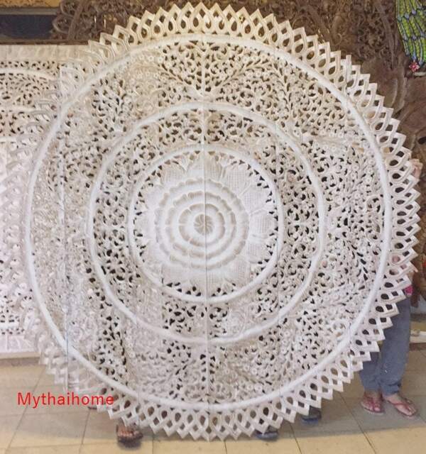 Round King Size Bed Bohemian Headboard Lotus Mandala Wooden Craved Carving Teak Wood Brown White Art Panel Wall Decor Thai Large 71 Inches - image 1