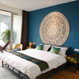 Round King Size Bed Bohemian Headboard Lotus Mandala Wooden Craved Carving Teak Wood Brown White Art Panel Wall Decor Thai Large 71 Inches - thumbnail 4