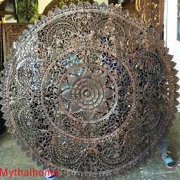 Round King Size Bed Bohemian Headboard Lotus Mandala Wooden Craved Carving Teak Wood Brown White Art Panel Wall Decor Thai Large 71 Inches - thumbnail 2