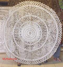 Round King Size Bed Bohemian Headboard Lotus Mandala Wooden Craved Carving Teak Wood Brown White Art Panel Wall Decor Thai Large 71 Inches - thumbnail 1