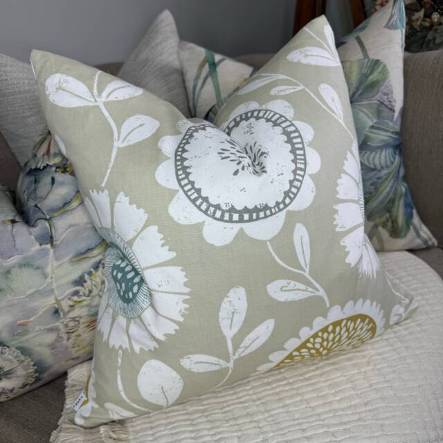 Scandi Retro Cushion Cover, Sofa Pillow Cover - Modern Floral Design, Greige Beige Duck Egg Scion Chattis Fabric Double Sided - image 1