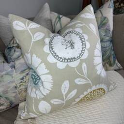 Scandi Retro Cushion Cover, Sofa Pillow Cover - Modern Floral Design, Greige Beige Duck Egg Scion Chattis Fabric Double Sided - thumbnail 1