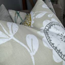 Scandi Retro Cushion Cover, Sofa Pillow Cover - Modern Floral Design, Greige Beige Duck Egg Scion Chattis Fabric Double Sided - thumbnail 3