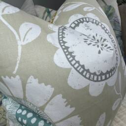 Scandi Retro Cushion Cover, Sofa Pillow Cover - Modern Floral Design, Greige Beige Duck Egg Scion Chattis Fabric Double Sided - thumbnail 2