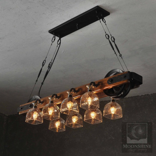 The Carmelle -Custom Chandelier With Recycled Glass & Polished Wood-Rustic Lighting, Farmhouse Light, Pulley Light, Bar Light, Kitchen Light - image 1