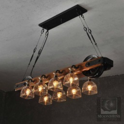 The Carmelle -Custom Chandelier With Recycled Glass & Polished Wood-Rustic Lighting, Farmhouse Light, Pulley Light, Bar Light, Kitchen Light - thumbnail 1