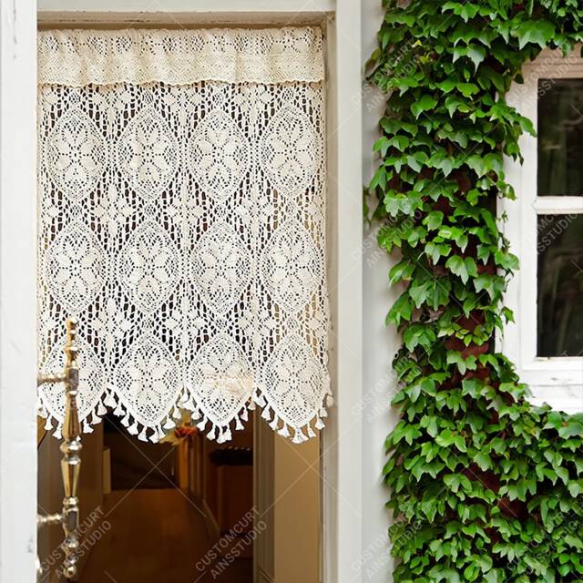 Crochet Doorway Curtains, Flower Patter Kitchen Curtain Panels, Boho Closet Room Divider - image 1