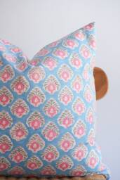 Block Print Pillow Cover Floral Batik, Boho Farmhouse Decor - thumbnail 1