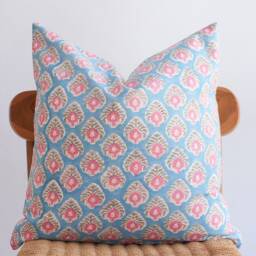 Block Print Pillow Cover Floral Batik, Boho Farmhouse Decor - thumbnail 2