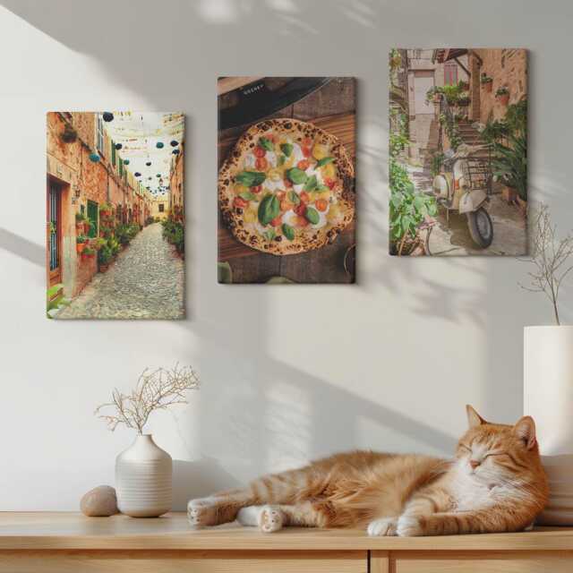 Canvas Art Set Of 3 - Charming Streets With Plants & Italian Pizza, Brown Photo Print, Travels Wall Decor - image 1