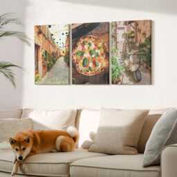 Canvas Art Set Of 3 - Charming Streets With Plants & Italian Pizza, Brown Photo Print, Travels Wall Decor - thumbnail 2