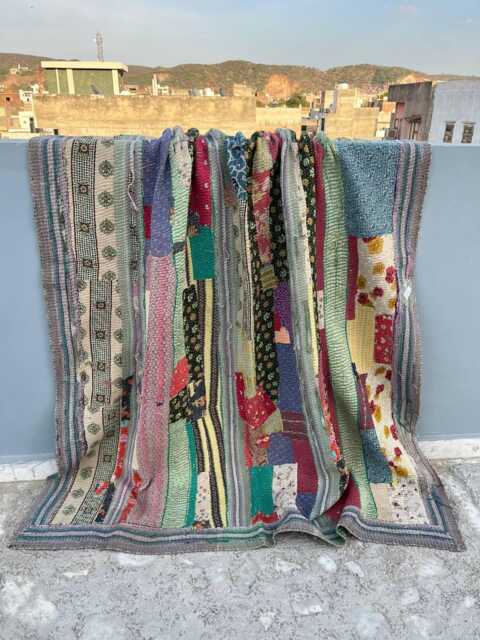 Reversible Cotton Kantha Quilt Block Print Patchwork Handmade Vintage Blanket - image 1