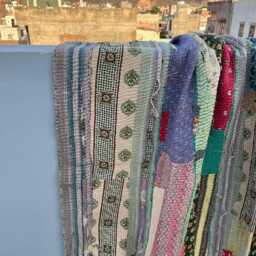 Reversible Cotton Kantha Quilt Block Print Patchwork Handmade Vintage Blanket - thumbnail 3
