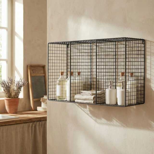 60cm Black Metal Wire Wall Shelf Unit Industrial Mesh Storage Display Organiser 3 Tier - image 1