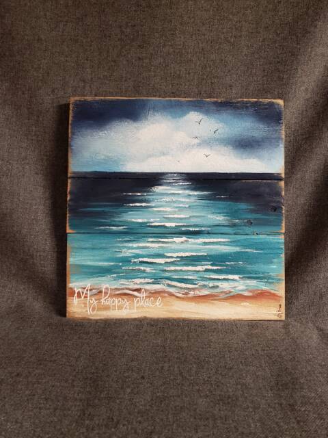 Pallet Beach, Hand Painted Seascape, Wall Art, My Happy Place, Shabby Ocean, Reclaimed Wood, Upcycled Pallet - image 1