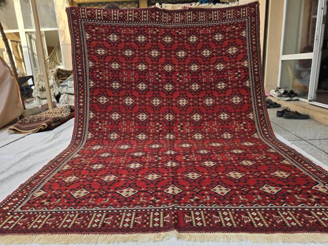 Vintage Bukhara Kilim 6??9 Ft - Handwoven Burgundy Red Geometric Tribal Wool Rug - image 1