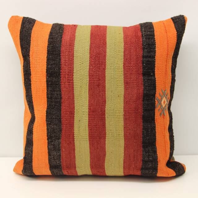 Vintage Anatolian Kilim Pillow Cover, Orange Striped Wool Throw - 18x18 - image 1