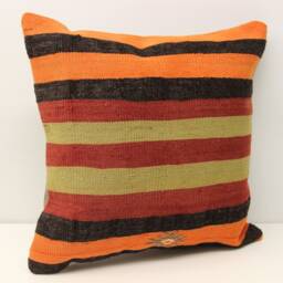 Vintage Anatolian Kilim Pillow Cover, Orange Striped Wool Throw - 18x18 - thumbnail 2