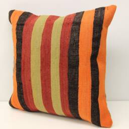 Vintage Anatolian Kilim Pillow Cover, Orange Striped Wool Throw - 18x18 - thumbnail 3