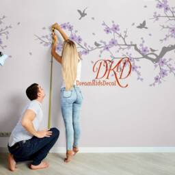 Nursery Wall Decal Sticker Kids Vinyl Decals-Cherry Blossoms Hanging Branches Decal, Flower With Birds - thumbnail 2