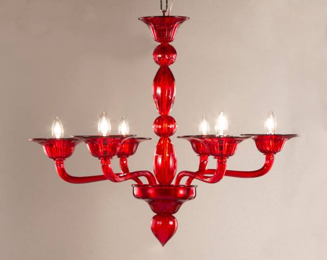 Magnificent Handmade Red Color Murano Glass Chandelier, 6 Lights, Made in Italy Lighting Design - image 1
