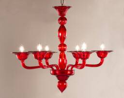 Magnificent Handmade Red Color Murano Glass Chandelier, 6 Lights, Made in Italy Lighting Design - thumbnail 1