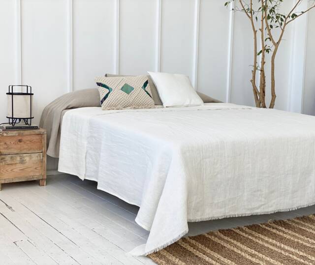 Fringed Linen Bedspread - Natural Throw, King/Queen Sizes Custom - image 1