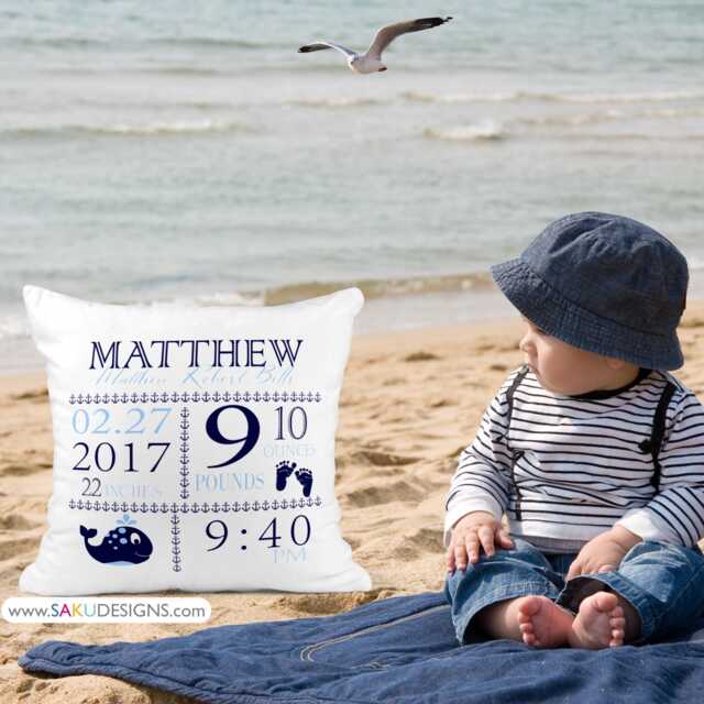 Blue Whale Stats Baby Pillow-Birth Announcement-Nursery Decor-Nautical-Keepsake Pillow-Personalized Pillow-New Baby-Custom Pillow-Newborn - image 1