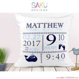 Blue Whale Stats Baby Pillow-Birth Announcement-Nursery Decor-Nautical-Keepsake Pillow-Personalized Pillow-New Baby-Custom Pillow-Newborn - thumbnail 2