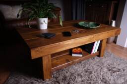 Handmade Chunky Pine Sleeper Coffee Table With Shelf - Rustic Living Room Furniture Walnut Finish