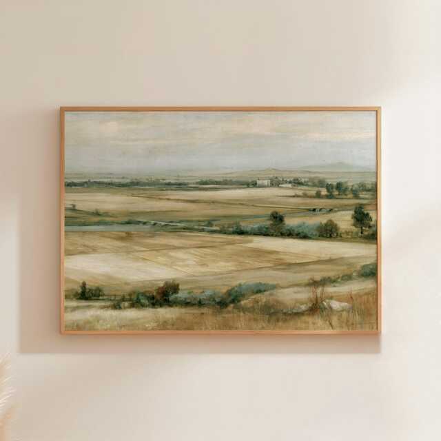 Farmhouse Landscape Poster, Neutral Countryside Wall Art, Rural Print - image 1