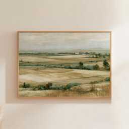 Farmhouse Landscape Poster, Neutral Countryside Wall Art, Rural Print - thumbnail 1