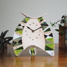 Handmade Ceramic Large Mantel Clock Green Triangle Design With Pendulum