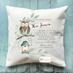 Personalised Christening Baptism Gift Promise To Godchild Godson Goddaughter Girl Boy Owl Woodland Linen Style Cushion Godparent Godmother - thumbnail 1