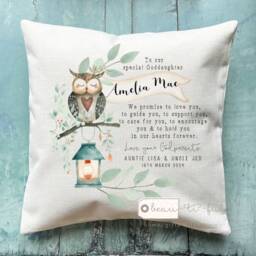 Personalised Christening Baptism Gift Promise To Godchild Godson Goddaughter Girl Boy Owl Woodland Linen Style Cushion Godparent Godmother - thumbnail 2