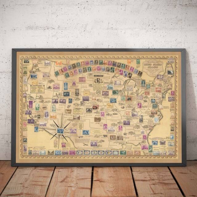 Old Stamp Map Of The Usa, E. Chase, 1949 - Historical United States Post Office Presidents, Landmarks, Collector Framed Unframed Canvas - image 1