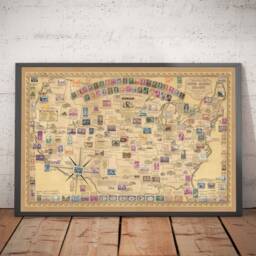 Old Stamp Map Of The Usa, E. Chase, 1949 - Historical United States Post Office Presidents, Landmarks, Collector Framed Unframed Canvas - thumbnail 1