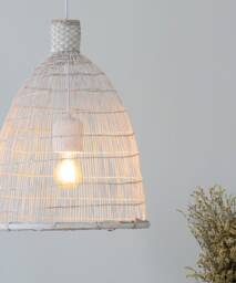 Handwoven Bamboo Pendant Lamp - Rustic Whitewashed Fishing Trap Light - Medium