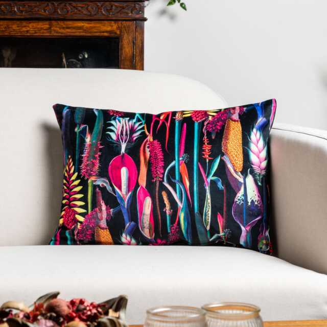Midnight Garden Velvet Boudoir Cushion. Bright Jeweled Neon Florals. Soft Chenille. 17x12 - image 1