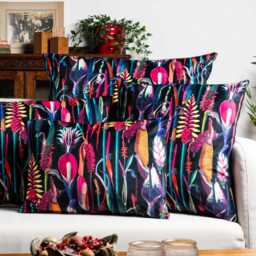 Midnight Garden Velvet Boudoir Cushion. Bright Jeweled Neon Florals. Soft Chenille. 17x12 - thumbnail 2