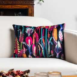 Midnight Garden Velvet Boudoir Cushion. Bright Jeweled Neon Florals. Soft Chenille. 17x12